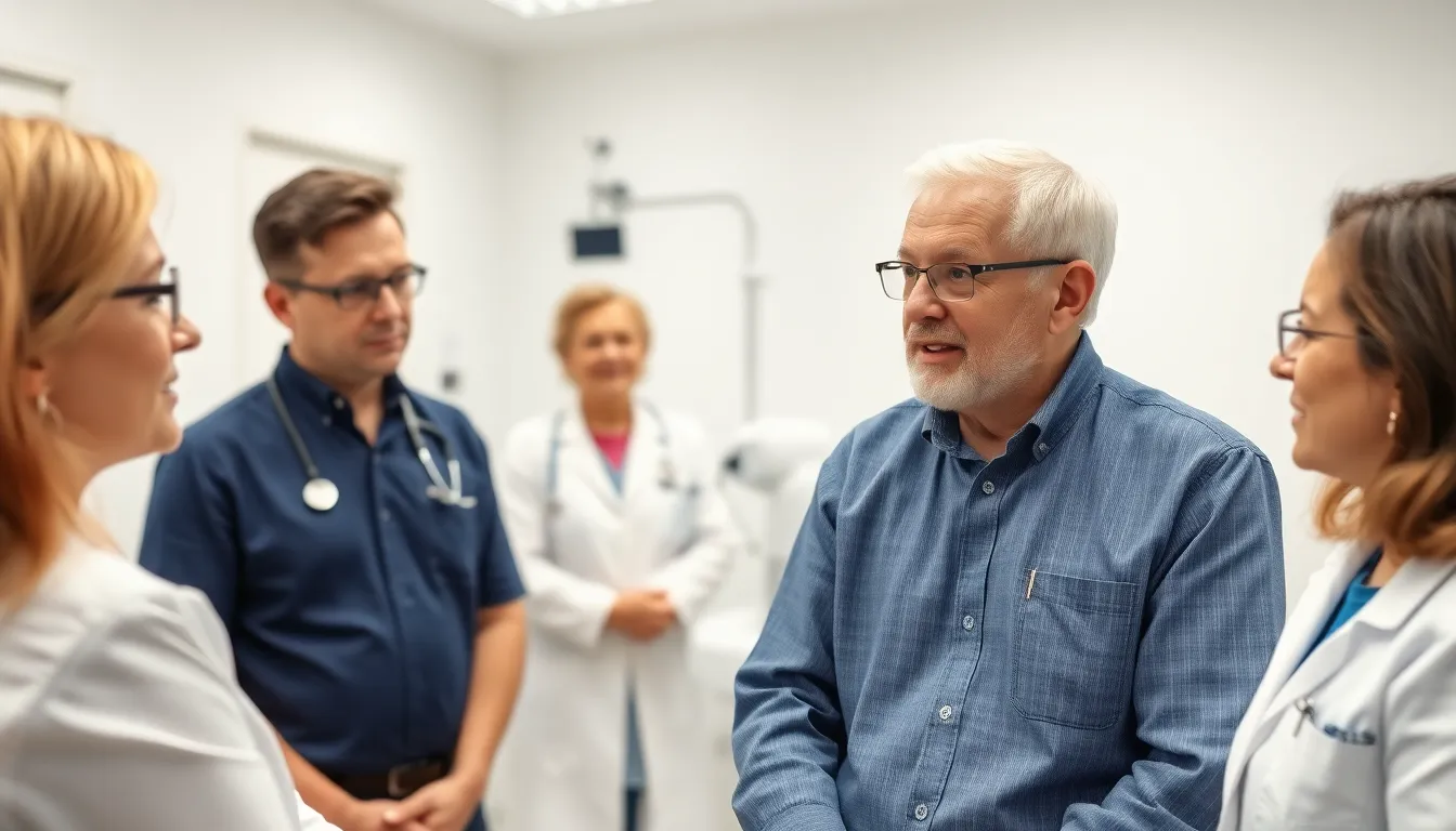 Medical researchers discussing the implications of the successful eye injection in a collaborative meeting, highlighting the excitement in the field of ophthalmology