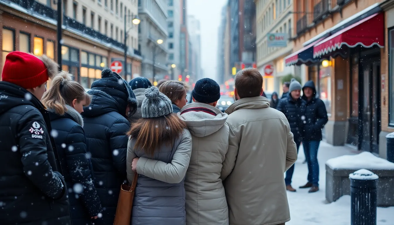 A group of people bundled in winter clothing huddle together on a city street, seeking warmth as snowflakes gently fall around them.