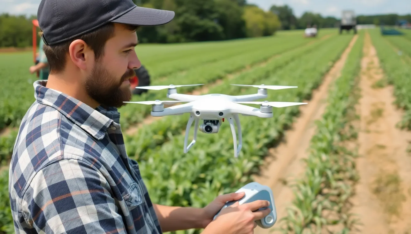 a farmer using a drone to monitor crop health in a lush, green field surrounded by advanced agricultural equipment and technology.