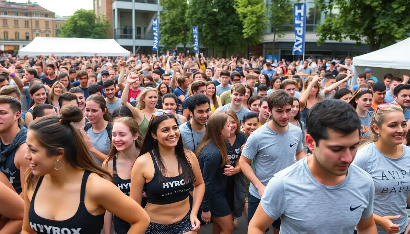 A large crowd of young adults competes in a Hyrox fitness event in London, showcasing a variety of physical challenges and a vibrant atmosphere filled with energy and enthusiasm.
