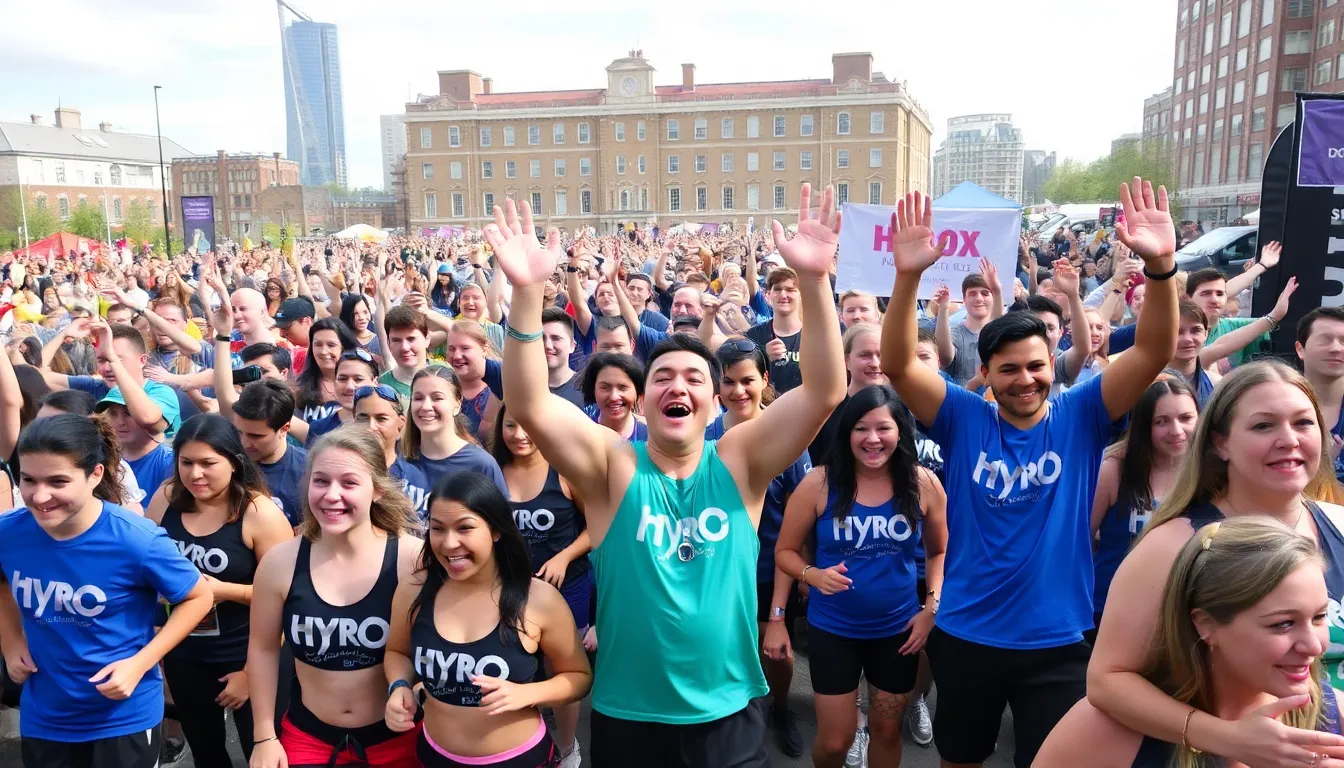 A group of Gen Z competitors celebrating their achievements after completing a demanding Hyrox workout, highlighting the event's community spirit