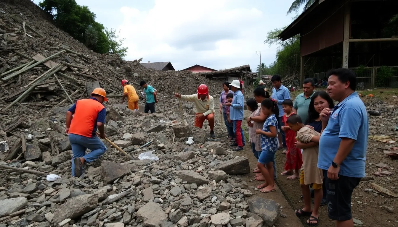Rescue workers and emergency responders search through debris at the collapsed landfill site in Rodriguez, Philippines, as anxious families gather nearby hoping for news of their trapped loved ones.