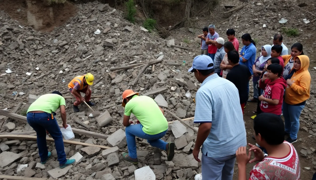 Families anxiously gathered at the landfill site, expressing hope for positive news about their loved ones still trapped beneath the debris