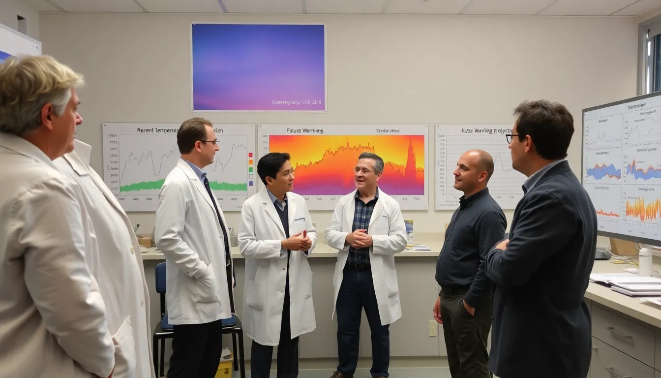 A group of scientists discusses climate data in a laboratory, surrounded by charts and graphs illustrating recent temperature trends and projections for future warming.