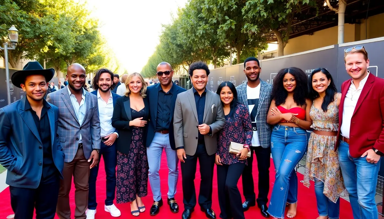 A group of diverse musicians stands together on a red carpet, smiling and posing for cameras as they celebrate their nominations for Best New Artist at the Grammy Awards.
