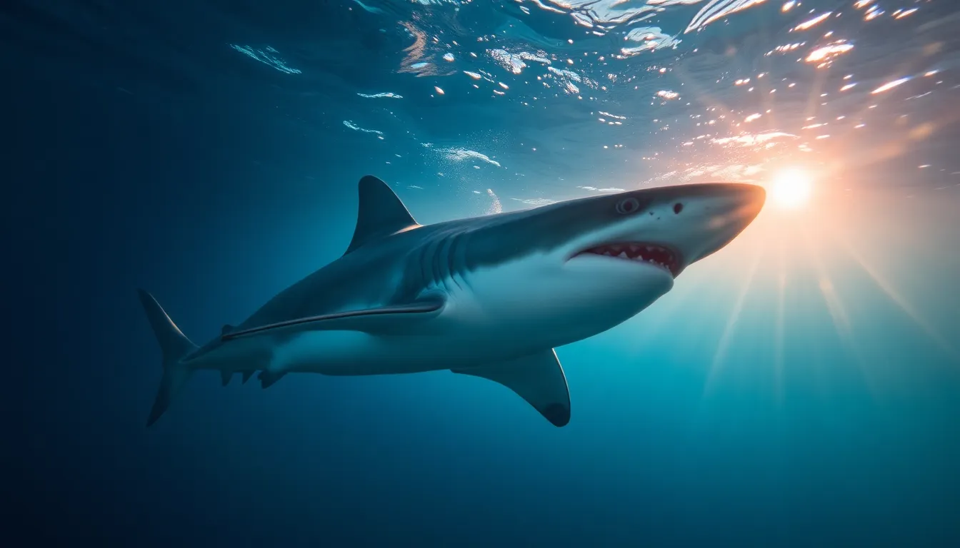 A great white shark swims near the surface of the Mediterranean Sea, highlighting the urgent need for conservation efforts as its population faces significant decline.