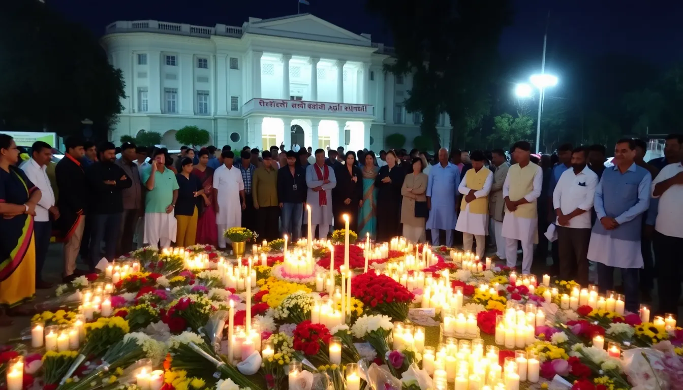 A crowd gathers in a somber atmosphere outside the Maharashtra Assembly, where flowers and candles are laid in memory of Ajit Pawar following the tragic plane crash that claimed his life.