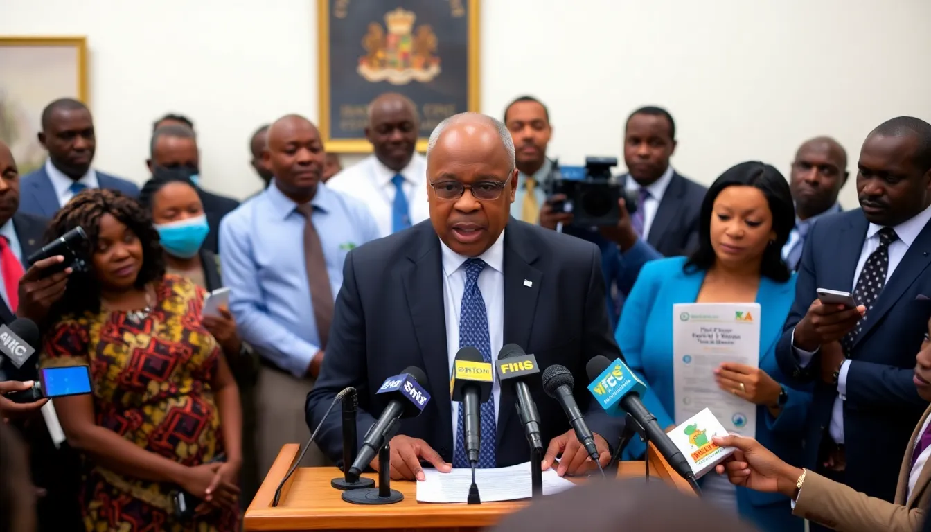 GuineaBissau's Minister of Health announces the suspension of a US vaccine study during a press conference, highlighting concerns over national sovereignty and the need for local control over health initiatives.