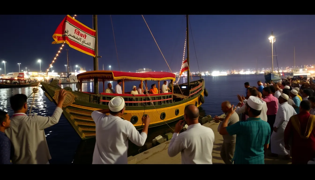 A handstitched Indian dhoni arrives at the port in Oman, surrounded by enthusiastic crowds celebrating with traditional music and dance.