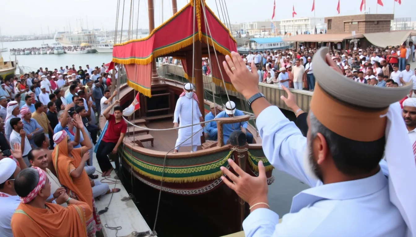 Omani officials and Indian expatriates celebrate the arrival of the ship with vibrant traditional music and dance performances at the port