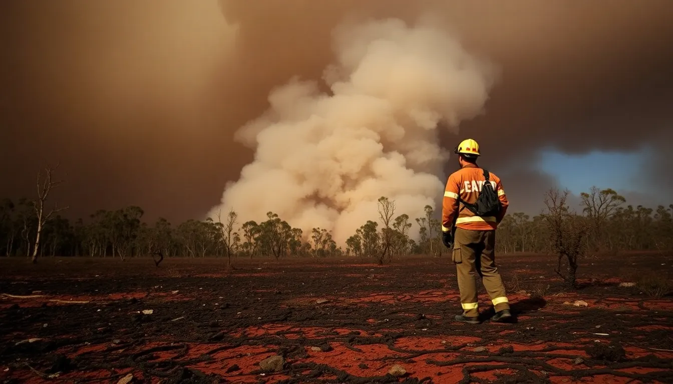 A firefighter monitors a blazing bushfire in New South Wales as thick smoke billows into the sky, highlighting the dangers posed by the ongoing heatwave.
