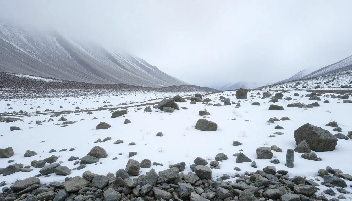 A barren Himalayan landscape reveals exposed rocks and patches of grass where snow should have blanketed the ground, highlighting the alarming decrease in winter snowfall.