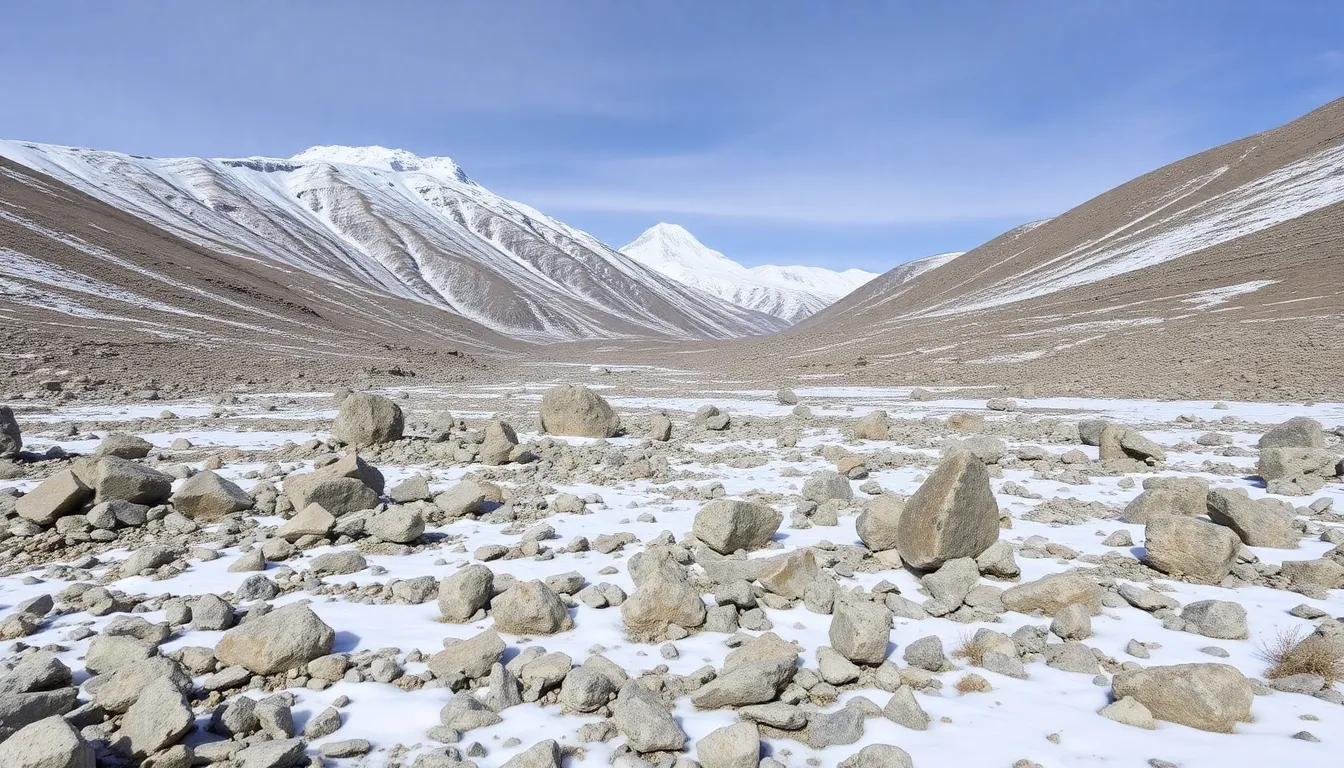 Farmers tending to their fields under dry conditions, showcasing the challenges posed by diminishing snow cover on agricultural practices in the region