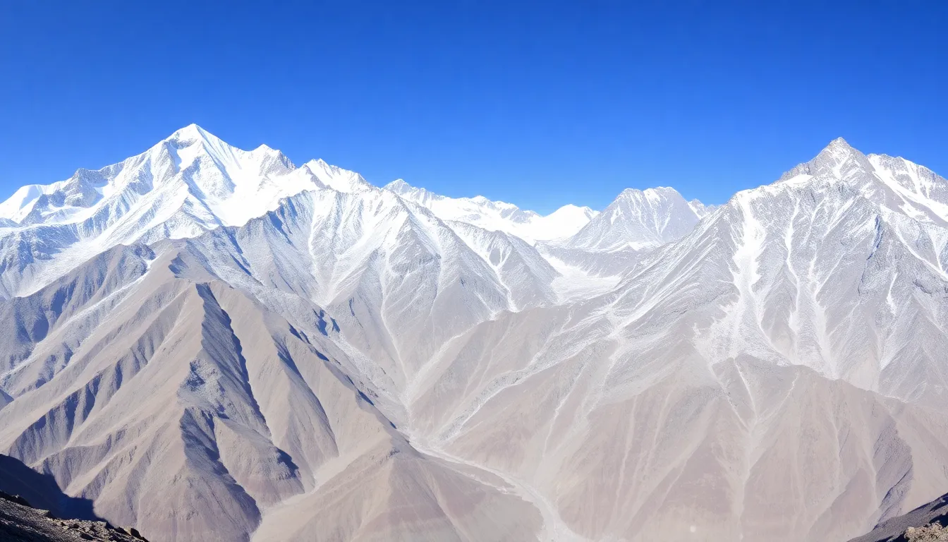 A vast expanse of the Himalayas showcases barren slopes and exposed rock, highlighting the stark effects of reduced winter snowfall on the once snowcovered peaks.