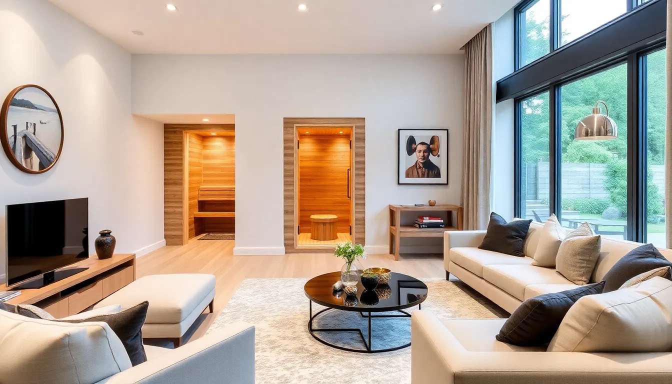 A cozy living room in a modern home features a sleek sauna in the corner, showcasing the growing trend of wellness amenities in real estate listings across England and Scotland.
