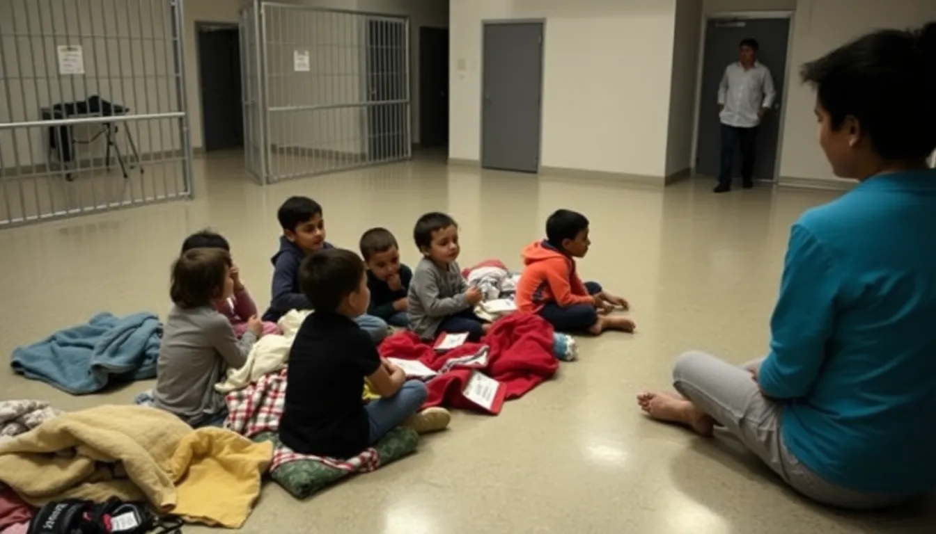 A group of children sits on the floor of a detention center, surrounded by blankets and personal belongings, while a staff member observes from a distance.