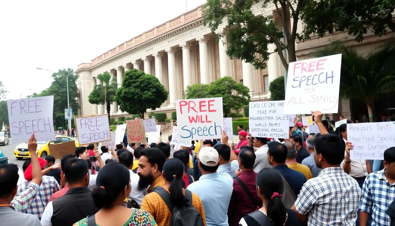 A group of protesters holds signs advocating for free speech while gathered outside the Maharashtra state assembly, highlighting the ongoing debate over proposed hate speech legislation.