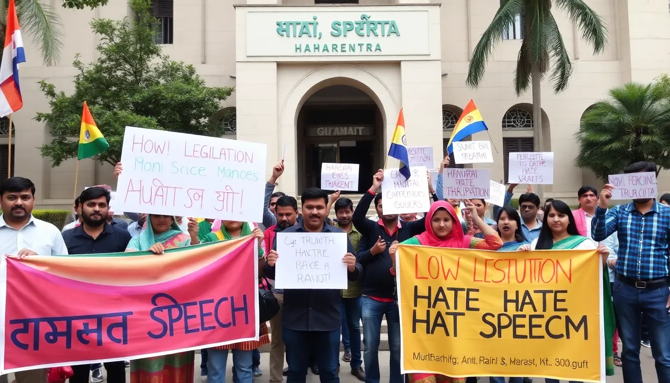 A group of activists gathers outside a government building in Maharashtra, holding banners and chanting slogans in support of new legislation to combat hate speech.