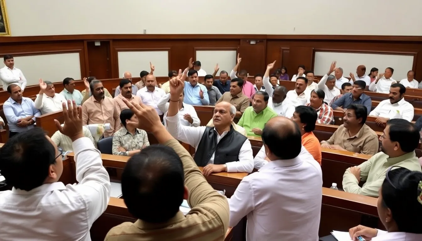 A group of lawmakers in Maharashtra discusses new legislation aimed at combating hate speech during a heated assembly session.