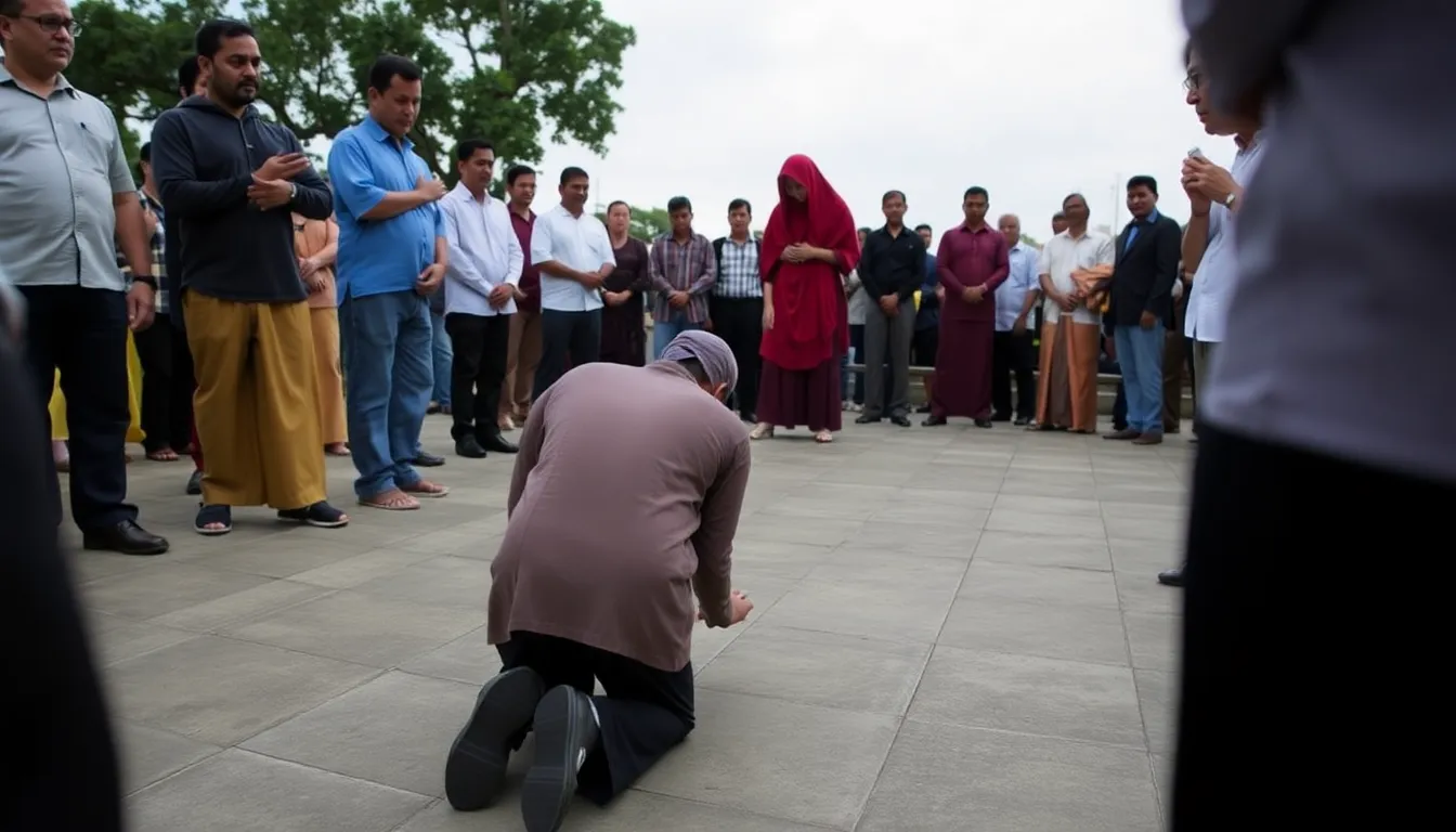 A couple kneels on the ground as they prepare to face public caning in Aceh province, Indonesia, following their conviction for premarital sex and alcohol consumption under Sharia law.