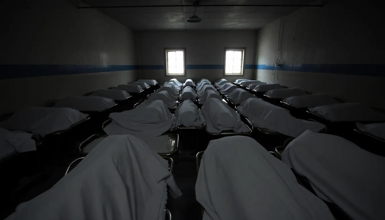 A somber scene shows rows of covered bodies in a mortuary, highlighting the tragic aftermath of the Iranian government's violent response to recent protests.
