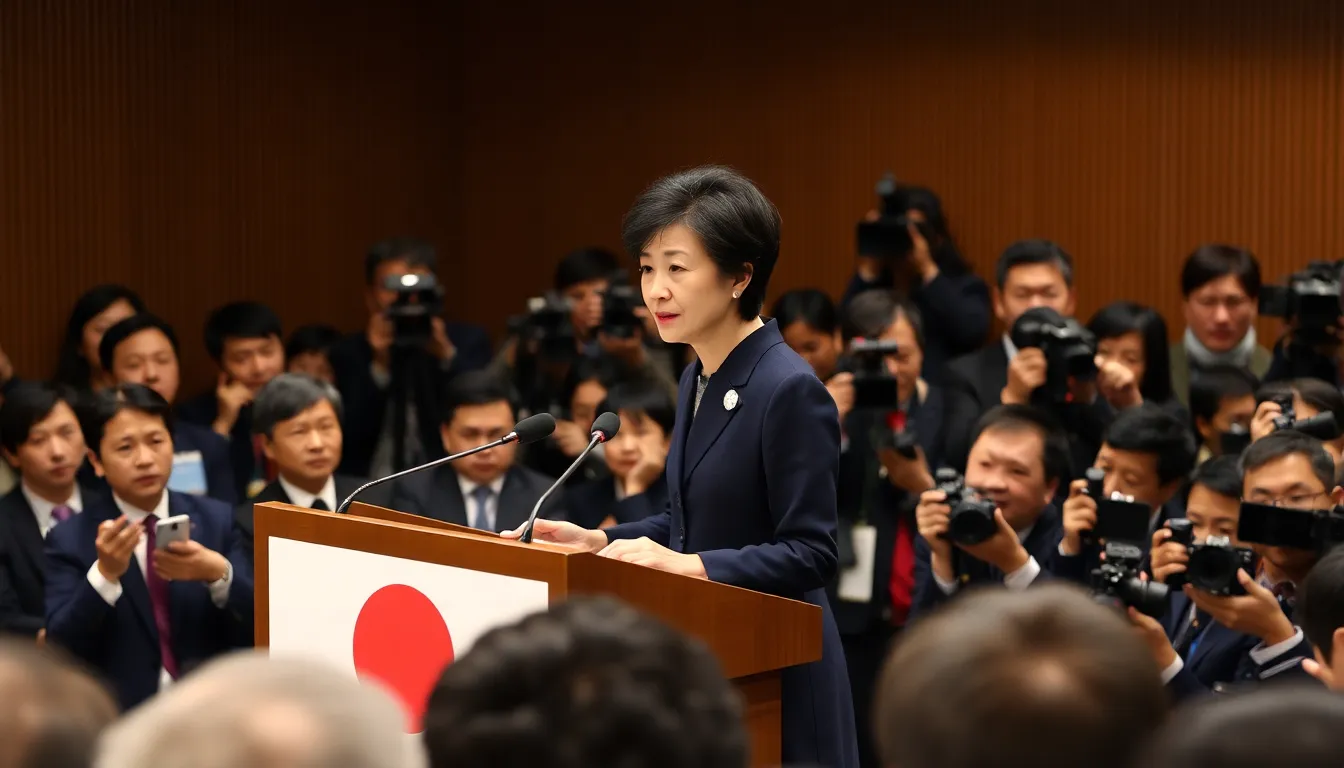 Japan's Prime Minister Sanae Takaichi speaks at a podium during a press conference announcing a snap election, with reporters and cameras gathered around her.