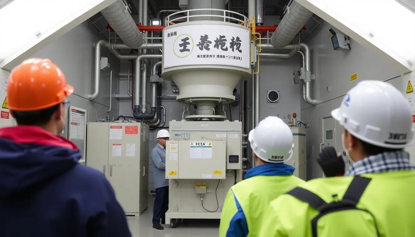 Workers in protective gear monitor operations at the KashiwazakiKariwa nuclear power plant as it restarts amid heightened safety concerns following the Fukushima disaster.