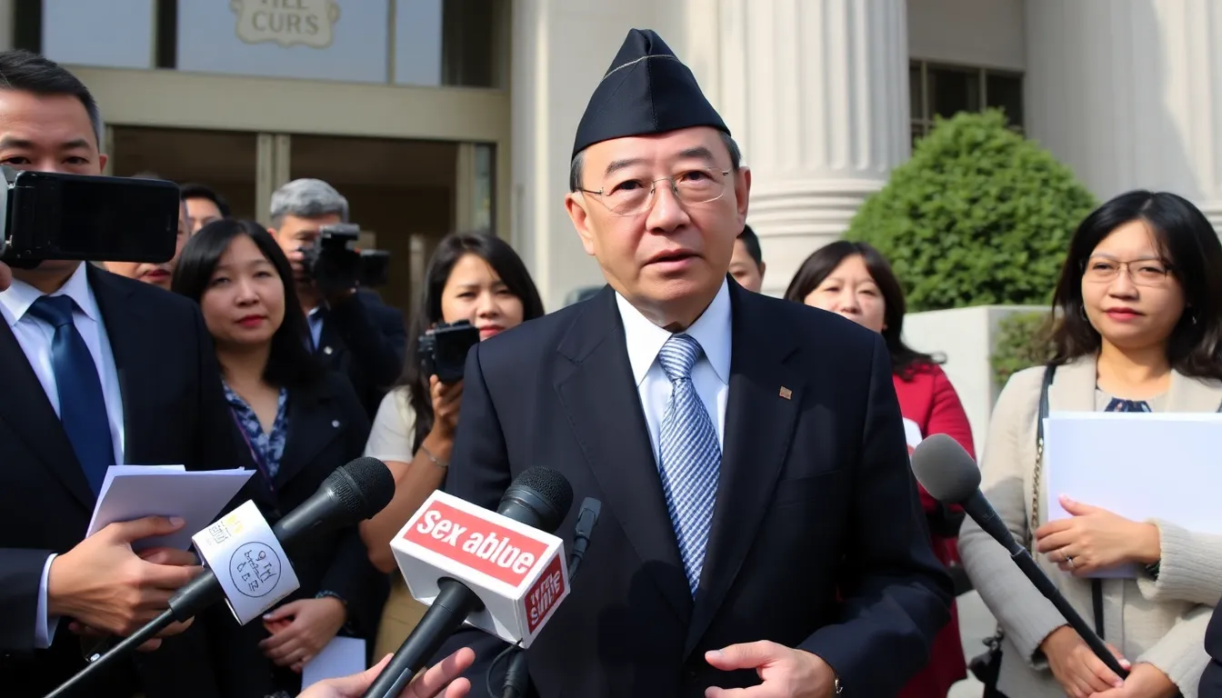A former Japanese soldier stands outside a courthouse, flanked by supporters and advocates, as he addresses the media following the announcement of settlements in a significant sex abuse case.
