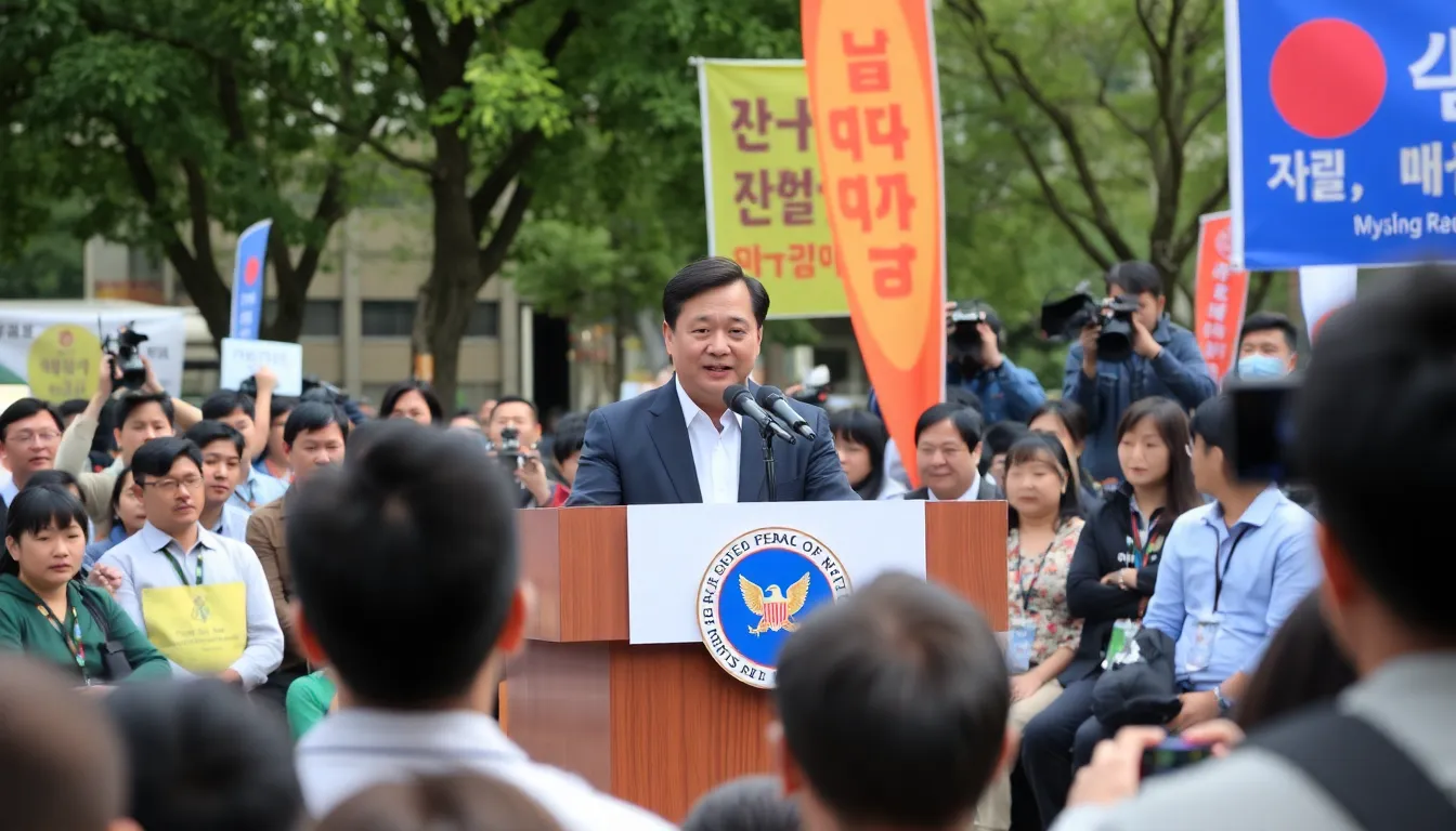 Kim Keon Hee stands at a podium during a public event, addressing an audience while displaying a confident demeanor despite recent controversies surrounding her political influence.