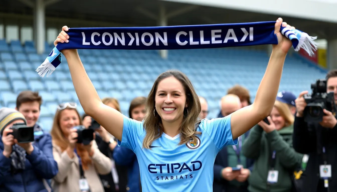 Delphine Cascarino, wearing a London City jersey, smiles as she holds a club scarf aloft during her signing announcement event in front of enthusiastic fans and media.