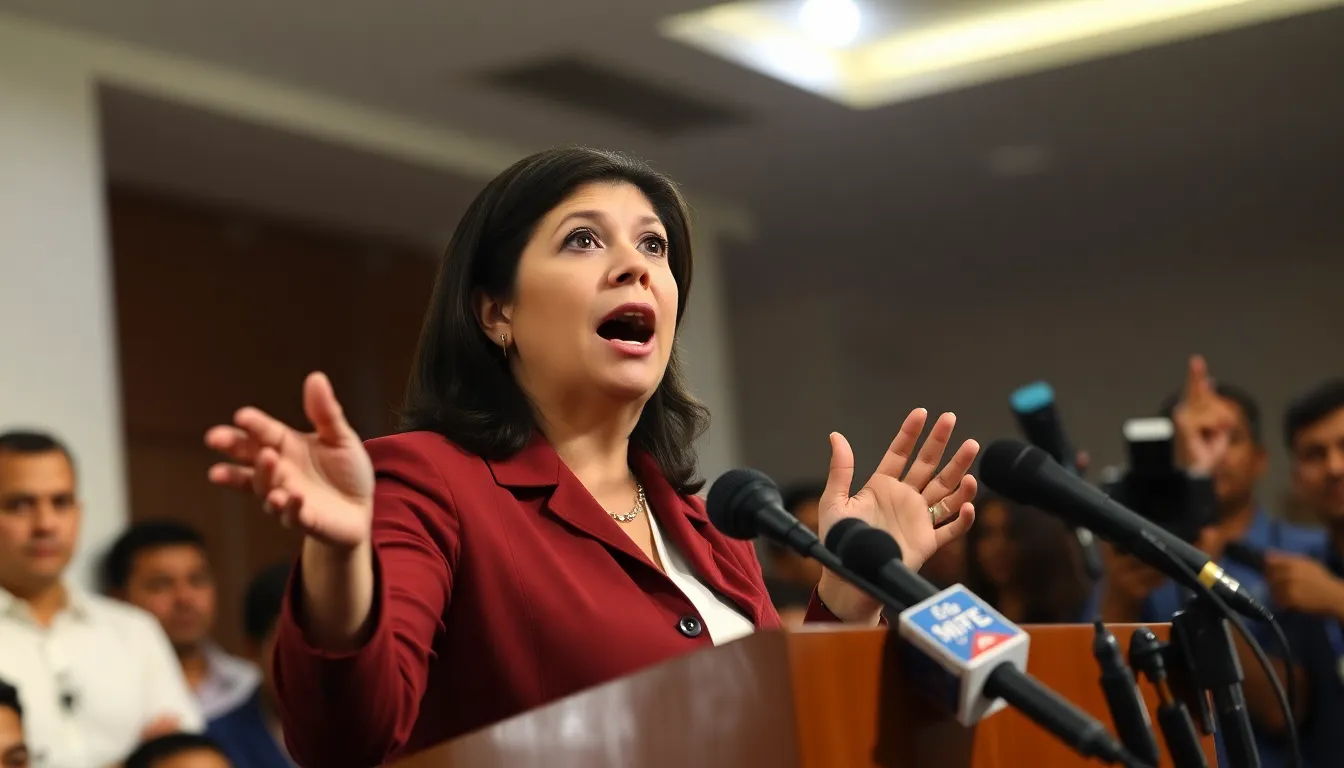 Opposition leader María Corina Machado speaks passionately at a press conference, asserting her claim for interim presidency while addressing a crowd of reporters in a tense political atmosphere.