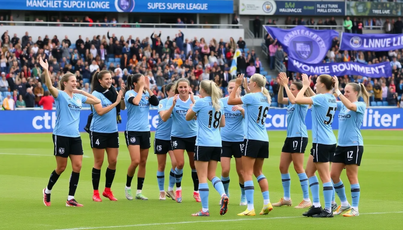 Manchester City players celebrate on the pitch after their 40 victory over Brighton, reinforcing their lead in the Women's Super League.