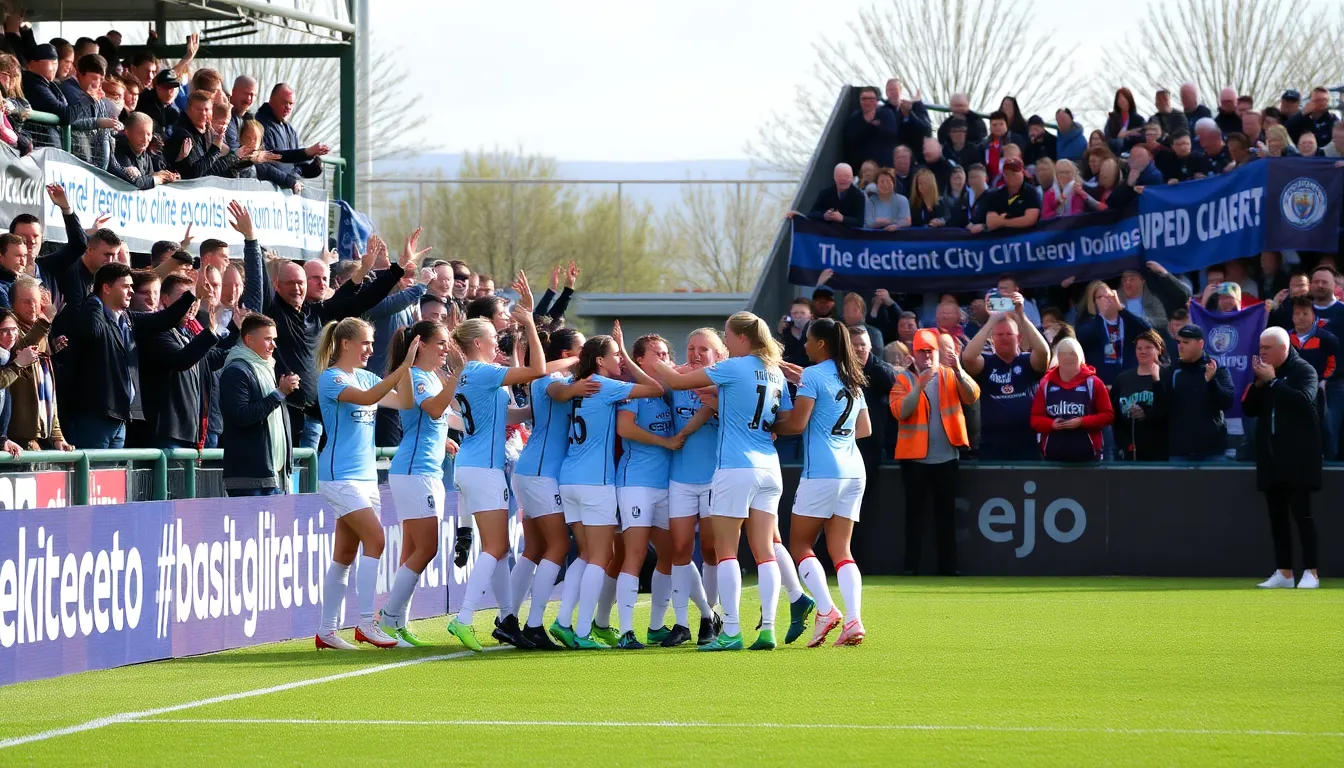Fans of Manchester City cheer enthusiastically from the stands, expressing their pride and joy as their team continues to assert dominance in women's football