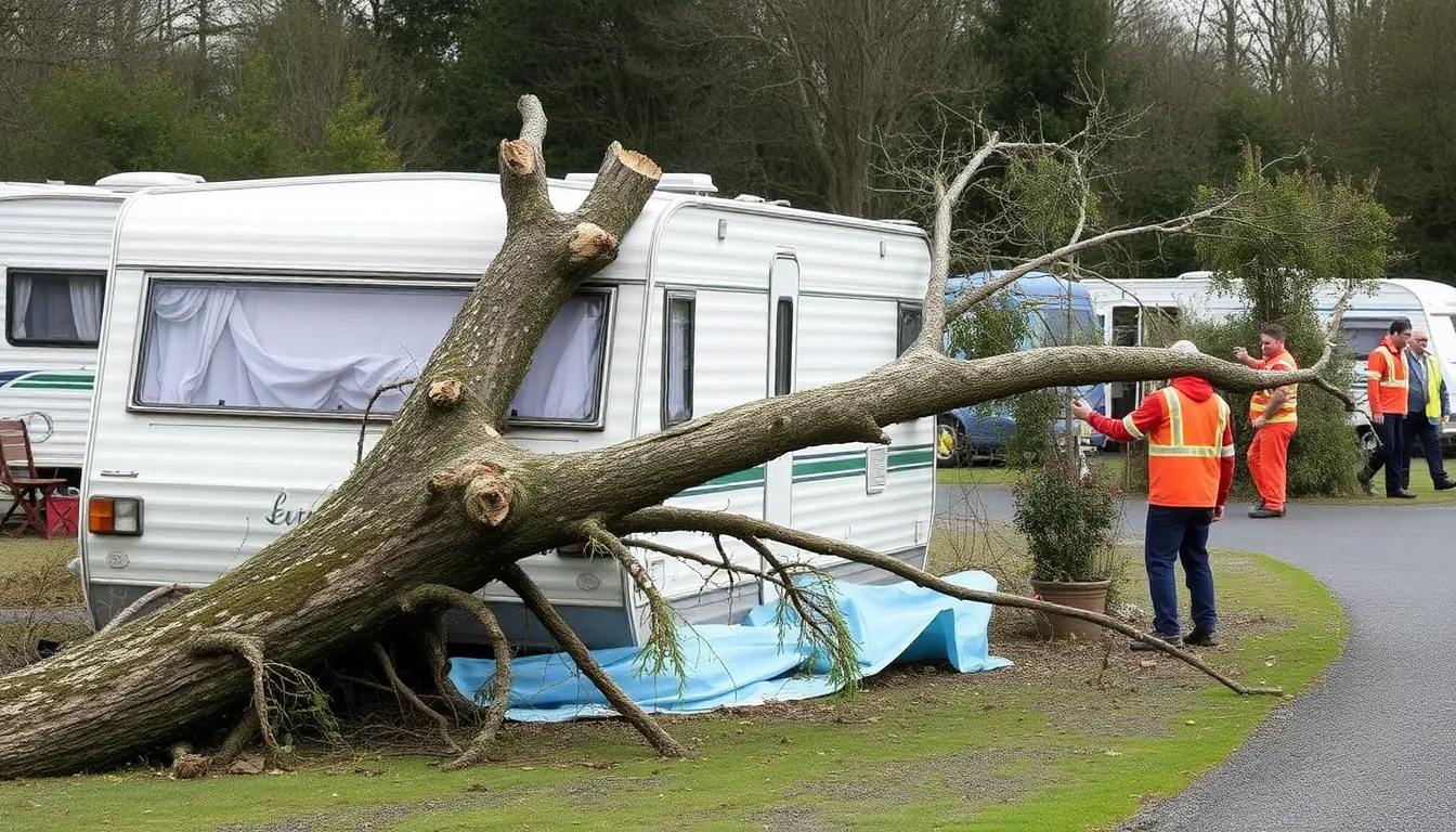 A fallen tree lies across a damaged caravan in a camping area in Cornwall, where a man tragically lost his life during Storm Goretti.