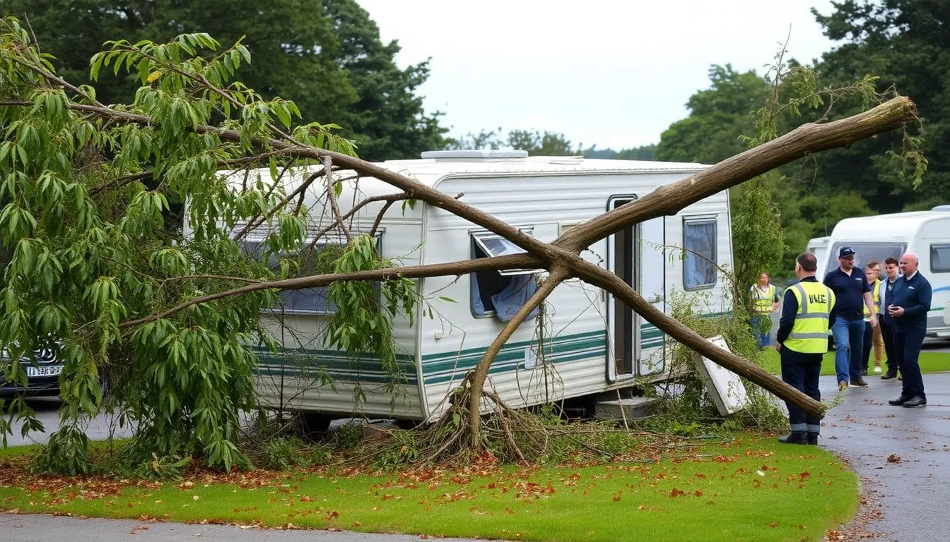 Emergency services are seen working diligently at the scene, highlighting their response efforts following the devastating storm event