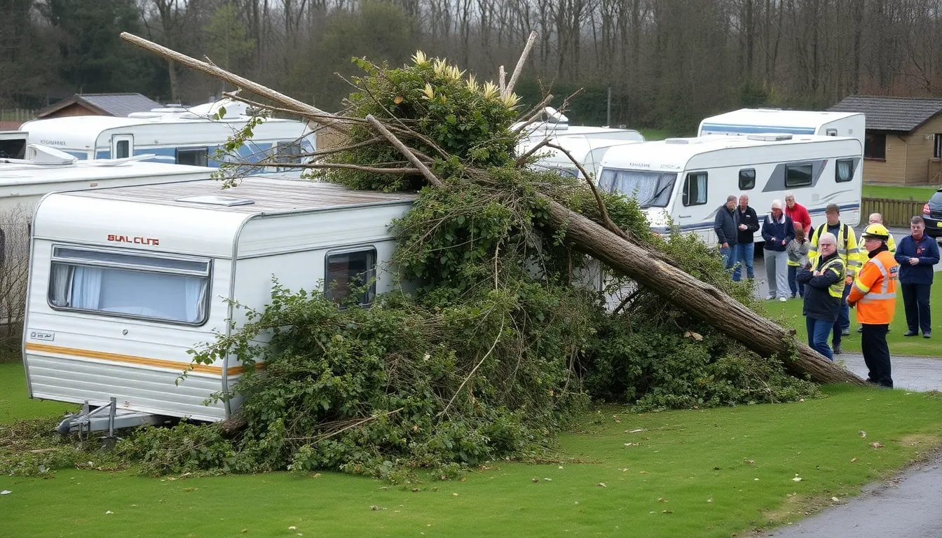 The damaged caravan, partially crushed by the fallen tree, serves as a stark reminder of the dangers posed by severe weather conditions