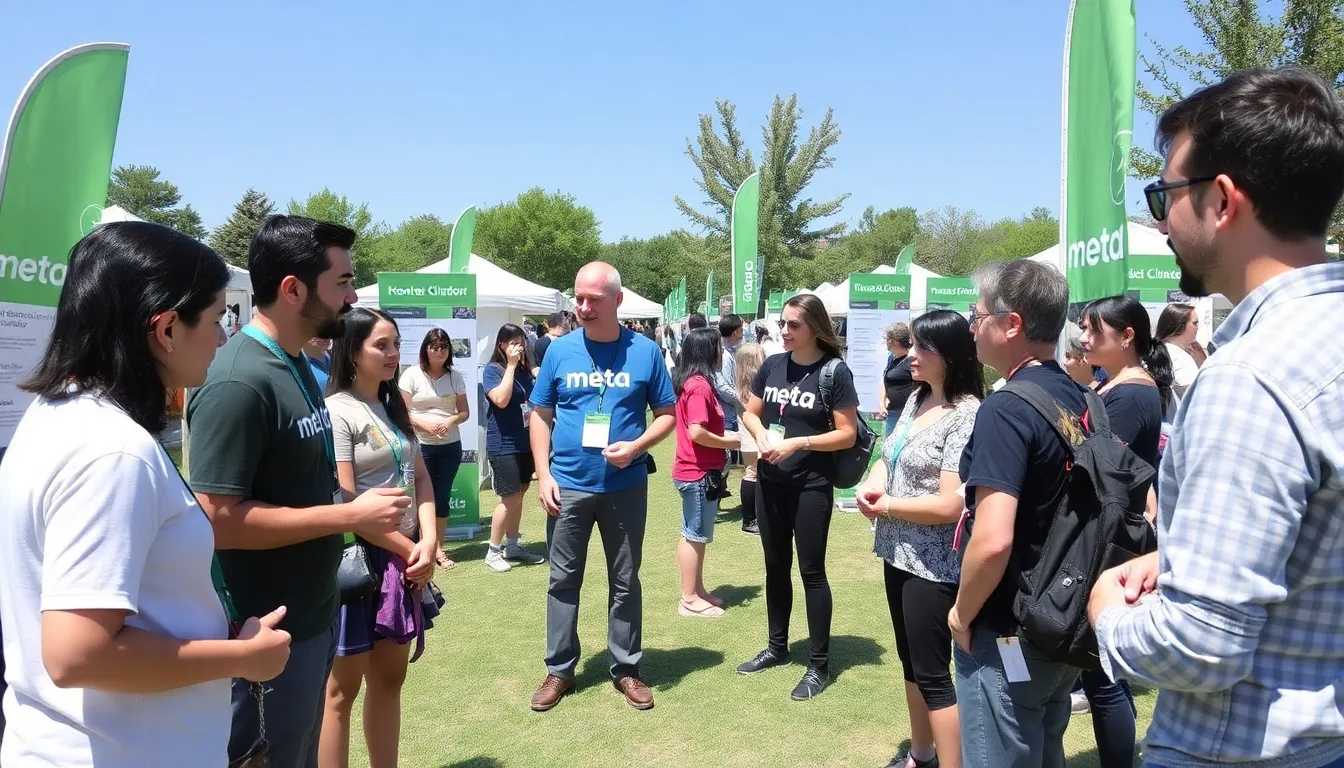A group of Meta employees participates in a community event focused on promoting sustainability and renewable energy initiatives related to data centers.