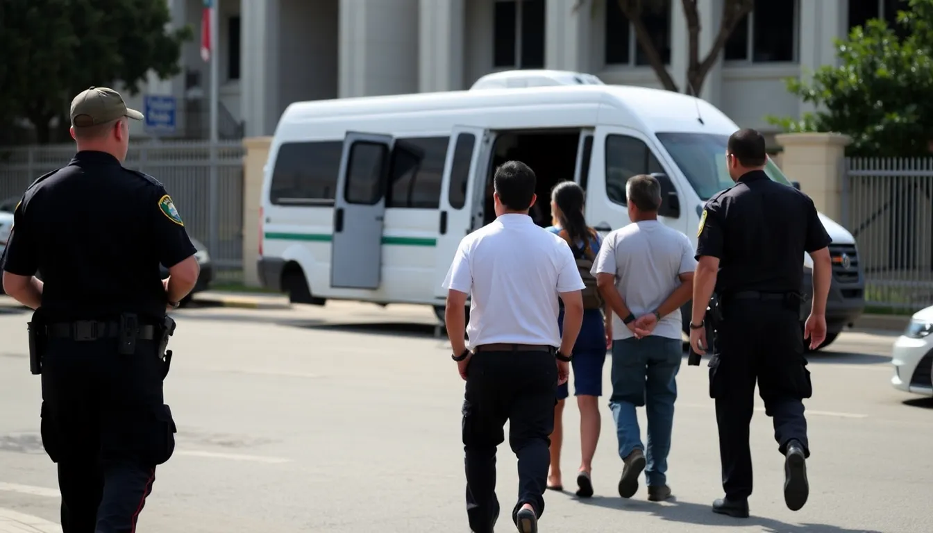 Mexican officials escort a group of handcuffed individuals into a transport vehicle as part of the extradition process to the United States.