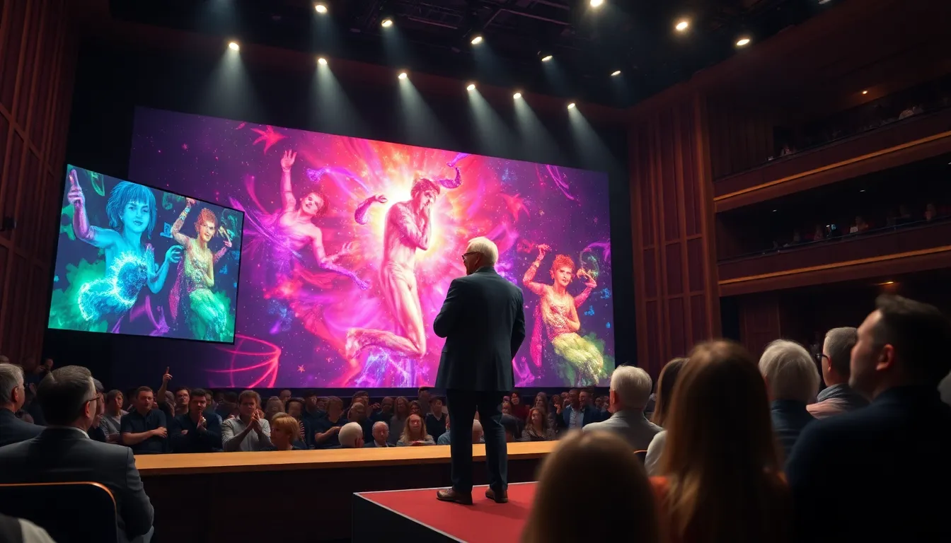 Ian McKellen stands on stage, engaging with a digital backdrop that seamlessly integrates live performance and mixed reality elements, captivating the audience with his innovative theatrical approach.