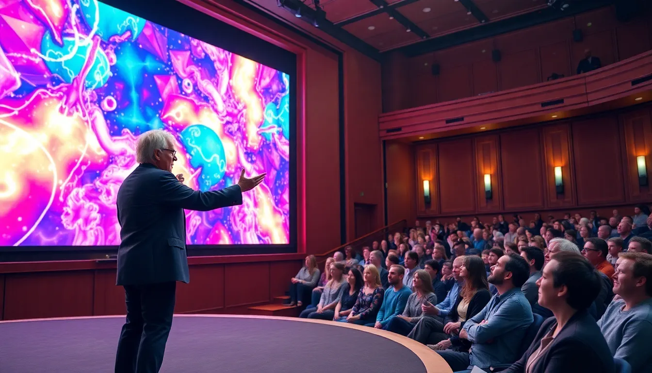 A vibrant scene of digital graphics seamlessly blending with the physical stage, illustrating the innovative storytelling techniques employed in the upcoming production