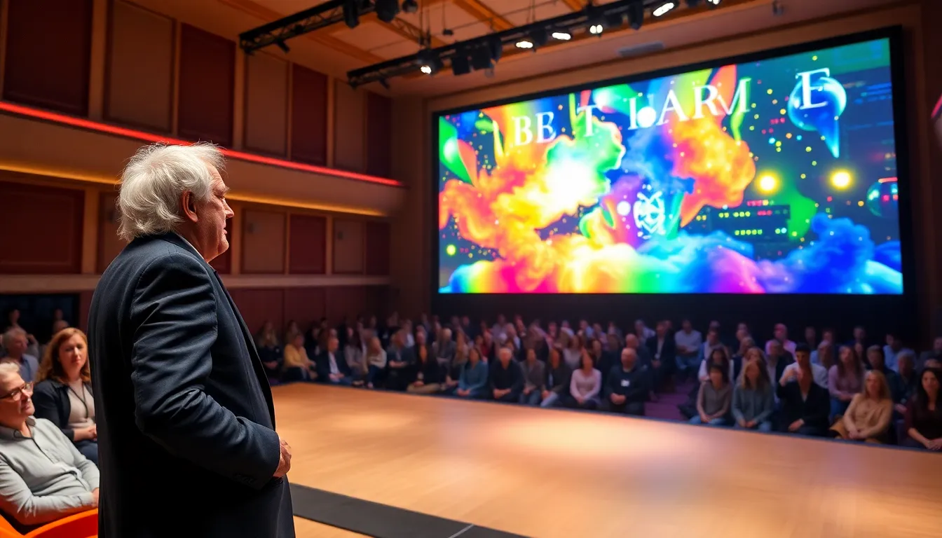 An audience captivated by an immersive performance, surrounded by a dynamic mix of live actors and augmented reality visuals, illustrating the future of theater experiences
