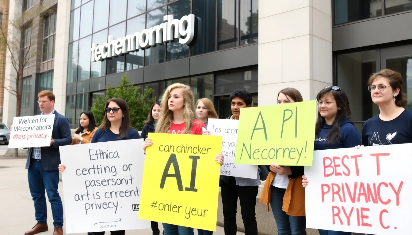 A group of concerned individuals gathers outside a tech company headquarters, holding signs advocating for ethical AI practices and the protection of personal privacy.