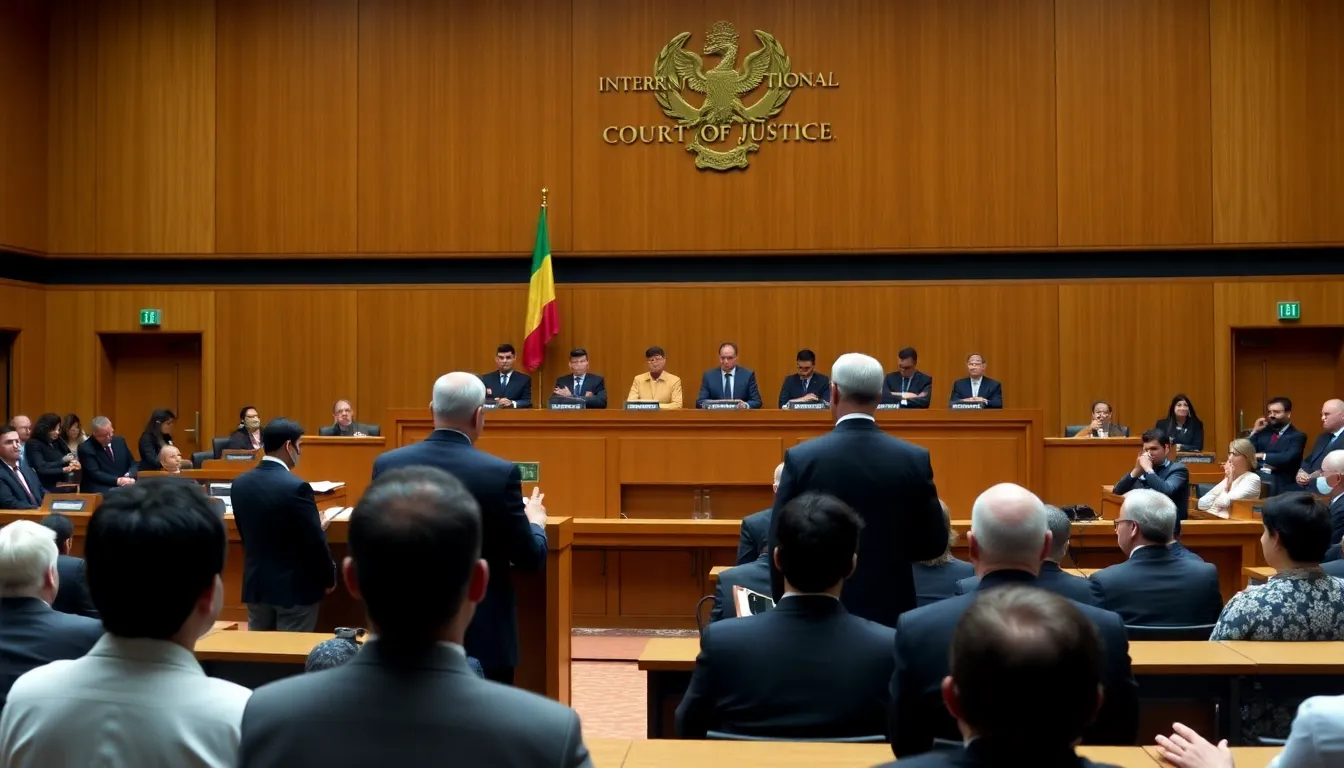 The International Court of Justice, where the landmark genocide case against Myanmar is being heard, emphasizing the significance of the proceedings