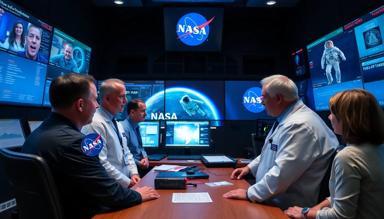NASA officials and medical experts gather in a control room, discussing the health of a sick astronaut aboard the International Space Station.
