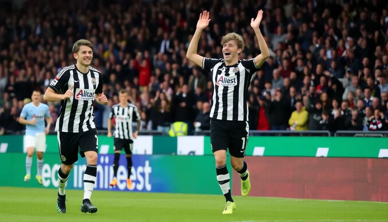 Newcastle United players celebrate after scoring a goal during their UEFA Champions League match against Manchester City at St. James' Park.