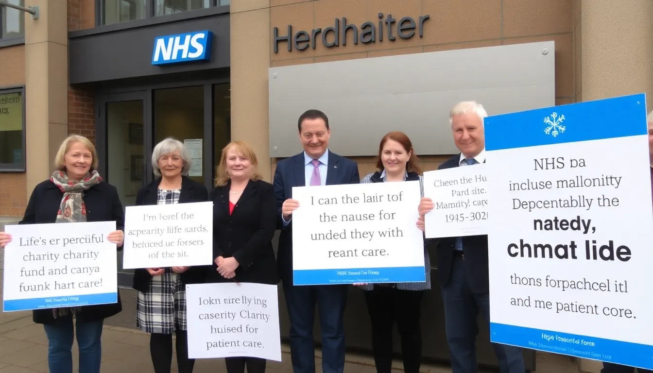 A group of concerned citizens gathers outside the NHS trust headquarters, holding signs demanding accountability for the alleged misuse of charity funds intended for patient care.