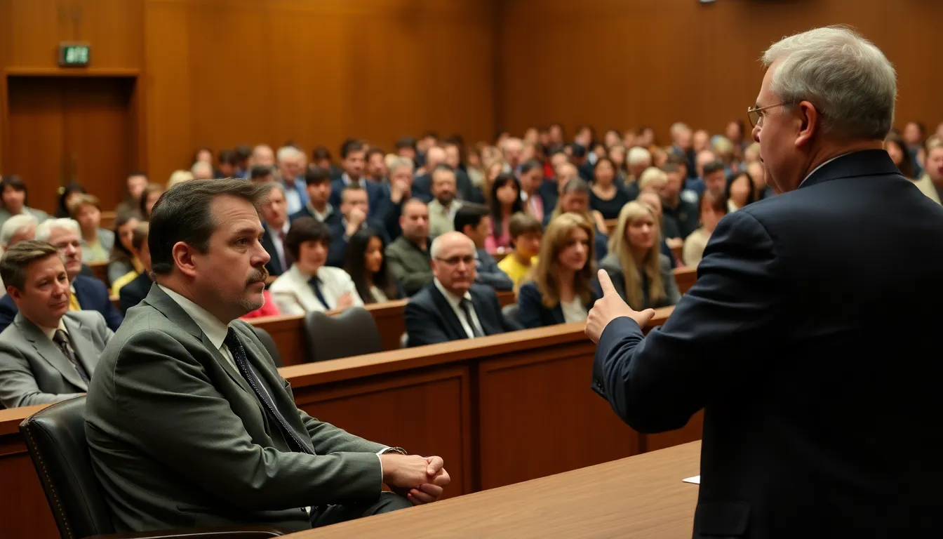 A courtroom scene shows Nick Reiner sitting at the defense table, looking concerned as his attorney discusses the case with a judge, while a packed gallery observes the proceedings.