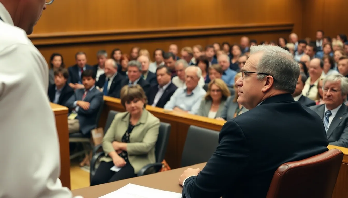 A concerned group of legal analysts discussing the implications of the sudden withdrawal of Reiner's defense attorney during a public forum