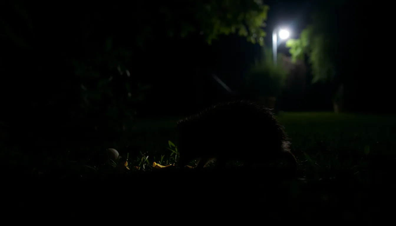 A hedgehog forages for food in a garden at night, illuminated by the soft glow of a nearby streetlight.