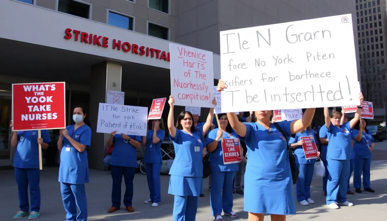 Nurses in New York City rally outside a hospital, holding signs that advocate for better working conditions and highlighting the ongoing strike's impact on patient care.